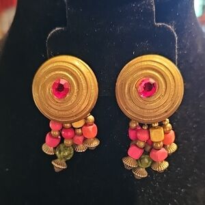 Vintage Boutique Gold & Wooden Beaded Earrings Clip On Silver Rhinestones